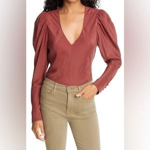 FRAME Shirred V-Neck Silk Blouse in Rosewood/sable color Size S
